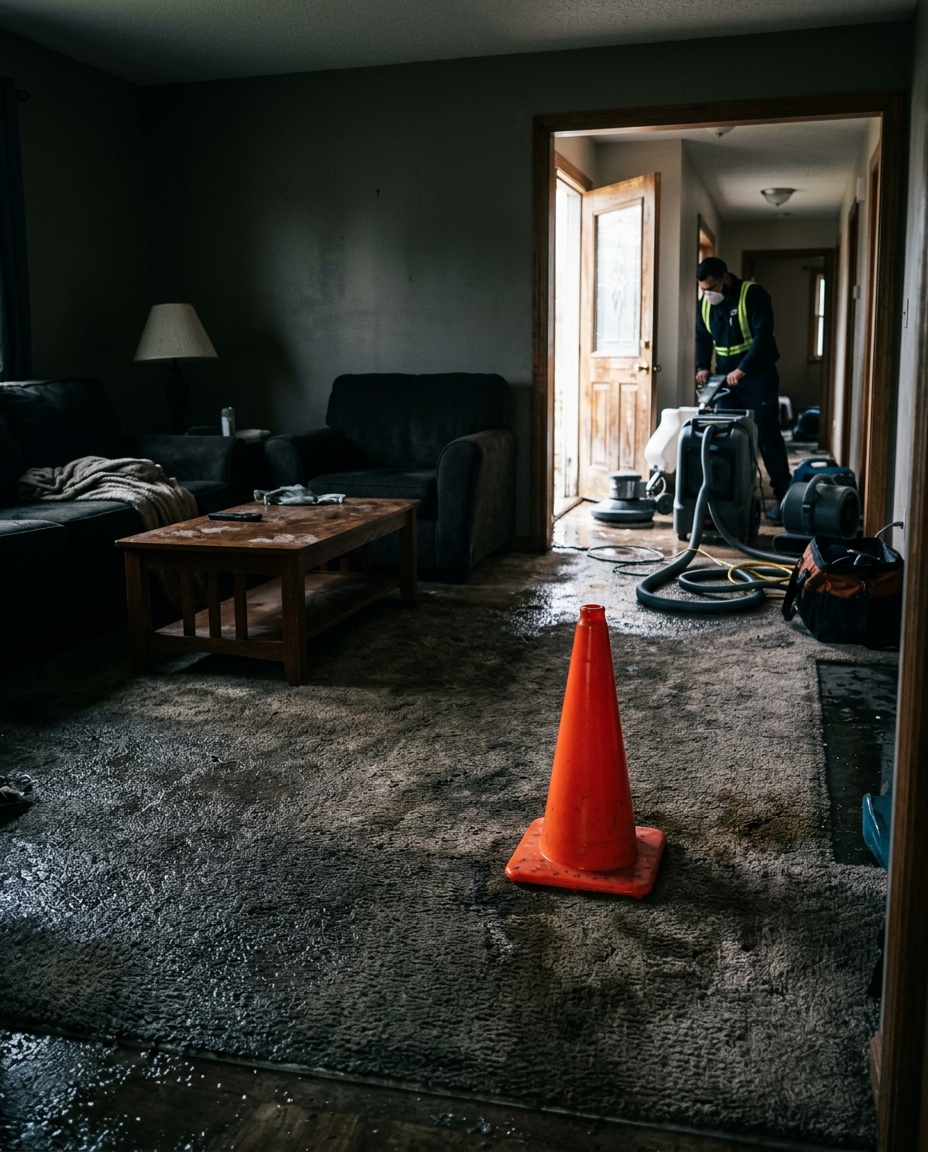 Water loss emergency inside a home with an orange safety cone